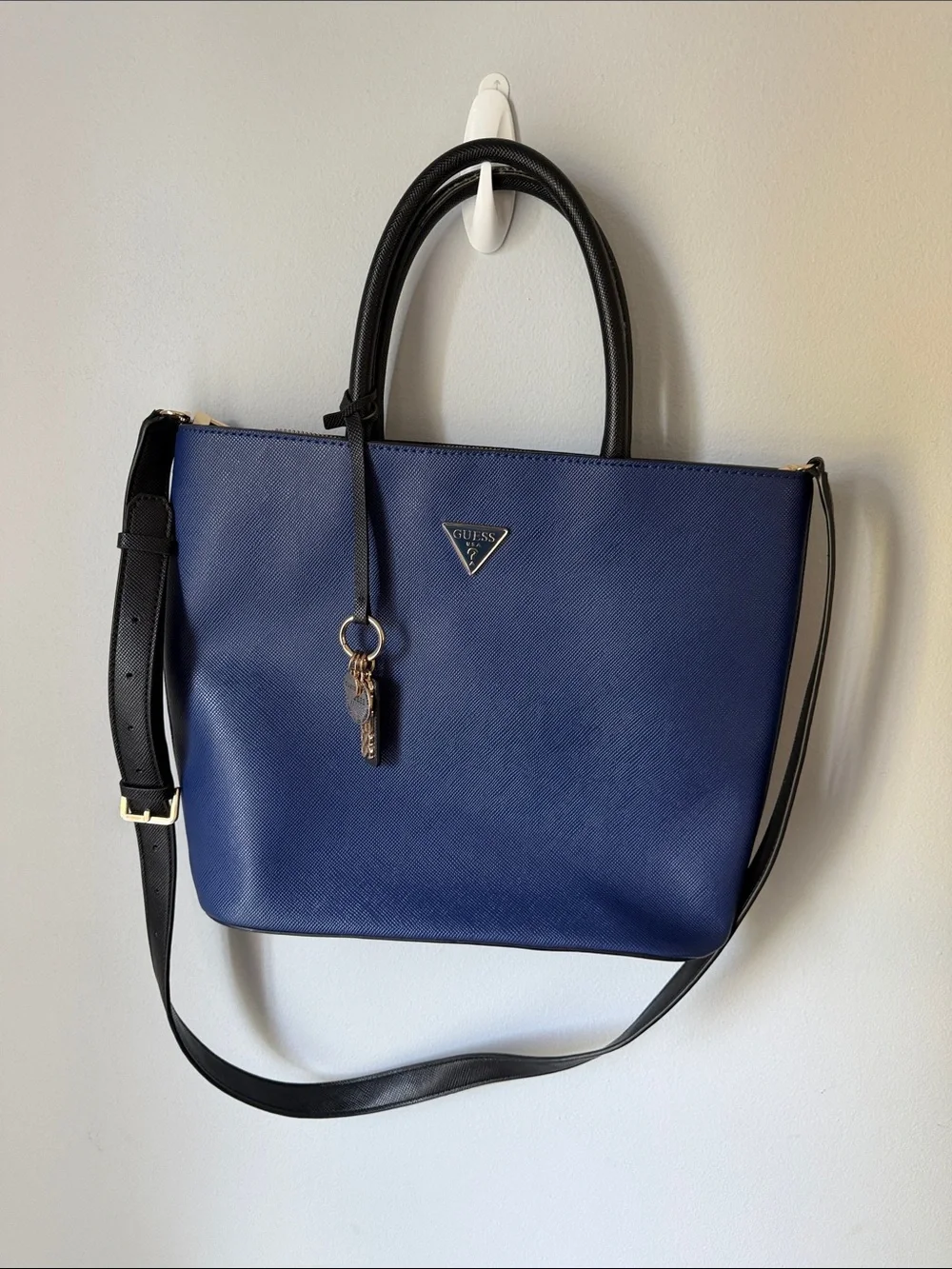 GUESS Navy Blue and Black Saffiano Tote with Key Charm